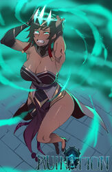  armpits arms_up bare_shoulders black_hair blush breasts brick_floor cleavage clenched_teeth commentary crown dark-skinned_female dark_skin drooling english_commentary female floating furrowed_brow green_eyes highres karma_(league_of_legends) large_breasts league_of_legends mind_control open_mouth ratatatat74 ruined_(league_of_legends) ruined_karma short_hair solo sweat teeth textless_version thighs 