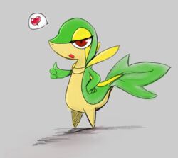  ambiguous_gender anthro biped bloodycat countershading generation_5_pokemon gesture green_body hand_gesture heart_symbol leaf leaf_tail nintendo open_mouth pokemon pokemon_(species) pupils red_eyes shadow simple_background slit_pupils snivy solo standing tail thumbs_up white_body yellow_body 