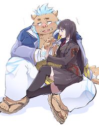  1boy absurdres animal_ears bandaged_hand bandages beads blue_hair blush boar_boy boar_ears boku002 breasts collared_shirt facial_hair female full_body furry furry_male ganglie_(housamo) highres jewelry large_pectorals long_hair necklace necktie pectorals plump protagonist_2_(housamo) purple_eyes red_necktie sandals school_uniform shirt simple_background skirt smile stubble tokyo_afterschool_summoners 