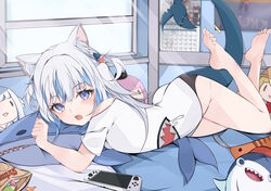  absurdres animal_ear_fluff animal_ears barefoot black_panties bloop_(gawr_gura) blue_eyes blue_hair calendar_(object) cat_ears feet female fins fish_tail gawr_gura hair_ornament handheld_game_console heart highres holding holding_stuffed_toy hololive hololive_english legs long_hair lying mori_calliope mori_calliope_(1st_costume) multicolored_hair on_bed on_stomach open_mouth panties poster_(object) shark_girl shark_hair_ornament shark_tail sharp_teeth shirt shrimp smol_ame smol_calli smol_gura soles streaked_hair stuffed_animal stuffed_shark stuffed_toy tail takanashi_kiara takanashi_kiara_(1st_costume) teeth the_pose toenails toes two-tone_hair underwear virtual_youtuber watson_amelia watson_amelia_(1st_costume) white_hair white_shirt window xhajimek 