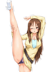  anus anus_peek belt black_belt black_panties breasts brown_eyes brown_hair dress female glasses high_heels highres june_(ne_z_asa) k-on! leg_lift leg_up long_sleeves one_eye_closed panties solo split standing standing_on_one_leg standing_split sweater sweater_dress underwear white_legwear yamanaka_sawako yellow_dress yellow_sweater 