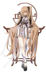  absurdres arknights bare_legs belt belt_buckle black_footwear black_gloves breasts brown_hair buckle closed_mouth crossed_legs dress elbow_gloves eyebrows_hidden_by_hair female folded_fan folding_fan full_body gloves hair_flowing_over hand_fan highres holding holding_fan indigo_(arknights) indigo_(serene_day)_(arknights) long_hair long_sleeves looking_at_viewer medium_breasts official_alternate_costume one_side_up pingdiguo purple_eyes see-through shelf simple_background smile solo standing swept_bangs test_tube very_long_hair watson_cross white_background white_dress 