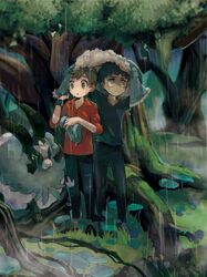  2boys :&lt; bad_id bad_twitter_id black_pants black_shirt black_wristband blush bo9_(bo9_nc) buttons closed_mouth commentary_request dubwool fur-trimmed_jacket fur_trim grass highres holding hop_(pokemon) jacket leaf looking_up male_focus multiple_boys outdoors pants pokemon pokemon_(creature) pokemon_swsh rain red_shirt shirt short_hair standing torn_clothes torn_pants tree victor_(pokemon) wet yellow_eyes 