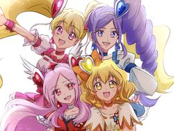  4girls :d aono_miki blonde_hair blue_choker blue_eyes blue_hair blue_skirt blush bow choker commentary_request cure_berry cure_passion cure_peach cure_pine dress earrings eyelashes fpminnie1 fresh_precure! hair_ornament hair_ribbon hairbow happy heart heart_hair_ornament higashi_setsuna highres jewelry long_hair long_sleeves looking_at_viewer magical_girl medium_hair momozono_love multiple_girls open_mouth pink_choker pink_dress pink_eyes pink_hair pink_wrist_cuffs precure puffy_long_sleeves puffy_short_sleeves puffy_sleeves red_dress ribbon short_sleeves simple_background skirt smile twintails white_background white_choker wrist_cuffs yamabuki_inori yellow_choker yellow_eyes 