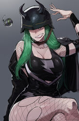  black_jacket black_shirt breasts brown_eyes cleavage commentary crossed_legs english_commentary explosive fake_horns female fishnet_pantyhose fishnet_top fishnets green_hair grenade grin hand_up helmet highres horned_helmet horns jacket jacket_on_shoulders large_breasts lipstick long_hair looking_at_viewer makeup pantyhose ratatatat74 red_lips shirt shotzi_blackheart shoulder_spikes sitting smile solo spikes torn_clothes torn_pantyhose wristband wwe 