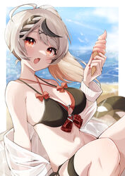  absurdres ahoge armpits beach bikini black_bikini black_hair blue_sky blurry blurry_background braid breasts cleavage cloud commentary day eat_some_cookie english_commentary female fingernails food highres hololive ice_cream ice_cream_cone jacket looking_at_viewer medium_breasts multicolored_hair nail_polish navel ocean oerba_yun_fang open_mouth outdoors red_eyes red_nails sakamata_chloe sitting skin_fang sky streaked_hair summer swimsuit virtual_youtuber white_hair white_jacket 