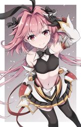  1boy arm_behind_back astolfo_(fate) astolfo_(saber)_(fate) black_bow black_bowtie black_gloves black_skirt black_thighhighs bow bowtie closed_mouth commentary_request detached_sleeves fate/grand_order fate_(series) gloves hair_intakes hairbow hand_up highres long_hair looking_at_viewer low_twintails male_focus midriff multicolored_hair navel otoko_no_ko pink_hair pleated_skirt skirt smile solo standing streaked_hair thighhighs tm-pika twintails white_hair wing_collar 