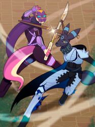  cape clothing destiny_(video_game) destiny_2 duo eeveelution female fight fighting_pose freakster generation_2_pokemon hi_res hood hunter_(destiny_2) male male/female mask melee_weapon nintendo pokemon pokemon_(species) pose reptile scalie snake sword umbreon weapon 