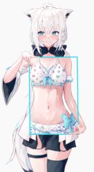  absurdres ahoge animal_ears aqua_eyes bikini blush braid cum cum_on_body cum_on_stomach detached_sleeves female fox_ears fox_girl fox_tail highres hijiriunu hololive hololive_summer_2022_swimsuit long_hair looking_away midriff navel shirakami_fubuki shorts side_braid simple_background single_thighhigh solo swimsuit tail thigh_strap thighhighs virtual_youtuber white_hair zettai_ryouiki 