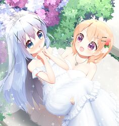  2girls blue_eyes blue_hair blush breasts bride bush carrying chestnut_mouth cleavage day dress flower gochuumon_wa_usagi_desu_ka? hair_flower hair_ornament hairclip highres hoto_cocoa hydrangea jewelry kafuu_chino kinaginagi long_hair looking_at_another medium_breasts multiple_girls necklace open_mouth orange_hair outdoors princess_carry purple_eyes ring short_hair smile sparkle tiara wedding_dress wedding_ring wife_and_wife x_hair_ornament yuri 