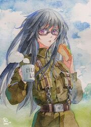  artist_name belt black_hair brown_belt cloud commentary cup english_commentary female food glasses gretel_jeckeln highres holding holding_cup holding_food military military_uniform mixed-language_commentary mug muv-luv muv-luv_alternative open_mouth painting_(medium) philiera purple_eyes russian_commentary sandwich schwarzesmarken sky solo steam traditional_media tree uniform watercolor_(medium) 