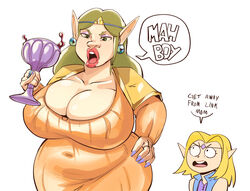  2022 big_breasts blonde_hair box_chan breasts cd-i cleavage clothed clothing curvy_figure daughter_(lore) dialogue duo ear_piercing english_text female green_hair hair hand_on_hip hi_res huge_breasts humanoid humanoid_pointy_ears hylian king_harkinian king_harkinian_memes link:_the_faces_of_evil lipstick makeup meme mother_(lore) mother_and_child_(lore) mother_and_daughter_(lore) mtf_crossgender nintendo not_furry open_mouth parent_(lore) parent_and_child_(lore) parent_and_daughter_(lore) philips_(company) piercing princess_zelda rule_63 simple_background solo_focus speech_bubble text the_legend_of_zelda tloz_cd-i_games_(series) white_background 