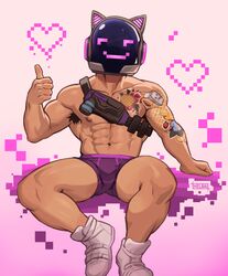  1boy abs absurdres animal_helmet arm_tattoo armpit_hair artist_name bag bara briefs character_request chest_tattoo heart helbai helmet highres large_pectorals male_focus male_underwear muscular muscular_male navel nipples pectorals pixelated purple_male_underwear saints_row shoulder_bag sitting smile solo tattoo thick_thighs thighs thumbs_up underwear 