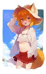  :d animal_ear_fluff animal_ears blue_sky blush border breasts cowboy_shot cropped_legs ears_through_headwear female fox_ears fox_girl fox_tail groin hair_between_eyes hand_on_headwear hat jacket looking_at_viewer midriff navel official_art open_clothes open_jacket open_mouth orange_hair outdoors outside_border palm_leaf red_skirt rimukoro senko_(sewayaki_kitsune_no_senko-san) sewayaki_kitsune_no_senko-san shirt short_hair skirt sky small_breasts smile solo sun_hat tail white_border white_hat white_jacket white_shirt 