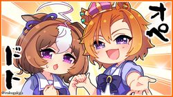  2girls @_@ ahoge animal_ears blush border brown_hair chibi crown ears_down hair_intakes hairband highres holding_hands horse_ears looking_at_viewer meisho_doto_(umamusume) multicolored_hair multiple_girls nihudau open_mouth orange_border orange_hair outstretched_arm purple_eyes purple_shirt reaching reaching_towards_viewer sailor_collar school_uniform shirt smile sweatdrop t.m._opera_o_(umamusume) tracen_school_uniform twitter_username two-tone_hair umamusume upper_body 