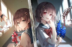  1other 2girls a_maru artist_name bleeding blood blue_flower blurry blurry_background blush bow bowtie brown_hair brown_shirt closed_mouth collarbone commentary depth_of_field dual_persona ear_piercing envelope fangs finger_to_mouth flower grey_shirt hair_ornament hairclip highres holding holding_flower indoors larkspur_(flower) looking_at_viewer multiple_girls open_mouth original piercing red_bow red_bowtie red_eyes red_flower sailor_collar school_uniform serafuku shirt short_hair short_sleeves skeletal_hand smile split_theme upper_body watch wristwatch 