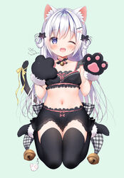  ;d animal_ear_fluff animal_ears animal_hands bad_id bad_twitter_id bare_shoulders bell black_skirt black_thighhighs cat_day cat_ears cat_girl cat_tail choker commentary_request crop_top female frills futaba_miwa gloves hair_ornament hair_rings hairclip hands_up jingle_bell long_hair looking_at_viewer midriff miniskirt navel no_shoes oerba_yun_fang one_eye_closed open_mouth original paw_gloves purple_eyes ribbon silver_hair sitting skirt sleeveless smile solo tail tail_ornament tail_ribbon thighhighs wariza zettai_ryouiki 