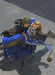  1boy arm_belt belt blonde_hair blue_dress breasts brown_cloak brown_pantyhose cardinal_(ragnarok_online) carrying chinese_commentary cleavage_cutout cloak closed_eyes clothing_cutout commentary_request cross dress earrings female full_body golden_wings green_hair hair_between_eyes happy_valentine jewelry long_sleeves medium_breasts medium_hair multiple_earrings open_mouth pantyhose princess_carry ragnarok_online shadow_cross_(ragnarok_online) short_hair smile standing straight teeth upper_teeth_only white_belt wide_sleeves z.i 