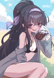  bags_under_eyes beach bikini black_bikini black_cardigan black_hair blue_archive blue_eyes blue_sky breasts cardigan cloud cup day drinking_glass female giorgio_(yo_sumire_sola1) hairband halo highres holding holding_cup jewelry long_hair looking_at_viewer necklace ocean official_alternate_costume open_cardigan open_clothes open_mouth outdoors ponytail purple_hairband sand sitting sky small_breasts smile solo swimsuit ui_(blue_archive) ui_(swimsuit)_(blue_archive) 