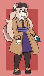  aliasing anthro beanie bottomwear brown_hair canid canine catjam_(artist) clothing digital_media_(artwork) eyewear female flat_colors footwear fur glasses hair hat headgear headwear hi_res high_heels jacket karina_(catjam) legwear mammal nintendo nintendo_3ds nintendo_ds_family orange_eyes pin_(disambiguation) simple_background skirt solo tan_body tan_fur tights topwear 