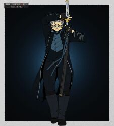  anthro blue_clothing blue_eyes boots bottomwear capcom clothed clothing coat dark_clothing devil_may_cry devil_may_cry_5 eyewear felid fingerless_gloves footwear full-length_portrait fur fur_markings gaiters glasses gloves hair handwear hi_res holding_melee_weapon holding_object holding_sword holding_weapon katana leopard long_coat male mammal markings melee_weapon mr.depressed_giraffe oliver_kami pantherine pants pattern_clothing pattern_topwear portrait sageo scabbard shoes solo spiky_hair spots spotted_body spotted_fur sword topwear unsheathing unsheathing_sword unsheathing_weapon vergil_(devil_may_cry) vest weapon wearing_glasses white_hair 