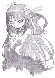  akemi_homura akuma_homura arm_up breasts center_opening detached_collar elbow_gloves female gloves greyscale hairband hatching_(texture) highres long_hair looking_at_viewer mahou_shoujo_madoka_magica mahou_shoujo_madoka_magica:_hangyaku_no_monogatari monochrome revealing_clothes saigokudou solo 