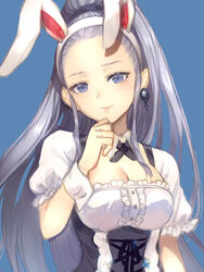  alternate_costume animal_ears black_gloves blue_background blue_eyes blush breasts choker cleavage commentary_request dress earrings eir_(fire_emblem) female fire_emblem fire_emblem_heroes gloves grey_hair hair_ornament jewelry jurge long_hair ponytail rabbit_ears shirt solo very_long_hair white_shirt 