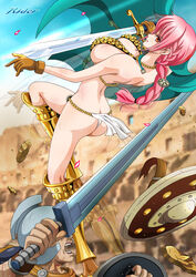  1boy action afterimage arched_back armor artist_logo artist_name ass bikini bikini_armor blurry blurry_background braid braided_ponytail breasts brown_gloves bruise butt_crack cape commentary_request female foot_out_of_frame from_behind gladiator gloves gold_armor green_cape helmet highres holding holding_sword holding_weapon injury knee_up large_breasts loincloth long_hair looking_at_viewer multi-tied_hair one_piece open_mouth orange_eyes outdoors pink_hair pose rebecca_(one_piece) rider_(orange_couture) shield shiny_skin sideboob sidelocks sweat sweatdrop swimsuit sword thighs weapon 