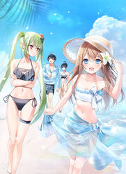  1boy 3girls a20_(atsumaru) bare_arms beach bikini black_bikini black_eyes black_hair blue_eyes breasts brown_hair cleavage closed_mouth cloud collarbone criss-cross_halter crossed_arms day floating_hair flower frown green_hair hair_flower hair_ornament halterneck highres hood hooded_jacket jacket kyuutei_tan&#039;yashi_no_shawasena_nichijou long_hair looking_at_viewer male_swimwear medium_breasts multiple_girls navel official_art open_mouth outdoors pointy_ears red_eyes sarong short_hair side-tie_bikini_bottom skindentation small_breasts strapless strapless_bikini swimsuit thigh_gap thigh_strap transparent twintails very_long_hair walking white_bikini white_flower 