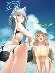  2girls :d absurdres animal_ear_fluff animal_ears ass ass_visible_through_thighs bag bare_arms bare_legs bikini blonde_hair blue_archive blue_eyes breasts cleavage collarbone commentary competition_swimsuit d: day earrings extra_ears from_below front-tie_bikini_top front-tie_top green_eyes grey_hair hair_between_eyes halo hat hat_ribbon highres jewelry large_breasts leaning_forward long_hair looking_at_viewer multiple_girls navel nonomi_(blue_archive) nonomi_(swimsuit)_(blue_archive) official_alternate_costume one-piece_swimsuit open_mouth outdoors ponytail ribbon shiroko_(blue_archive) shiroko_(swimsuit)_(blue_archive) side-tie_bikini_bottom smile soruna_(nell) standing sun_hat swimsuit very_long_hair white_headwear white_ribbon wolf_ears yellow_bikini yellow_ribbon 