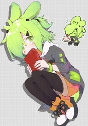  animal_ears black_pantyhose book chibi commission crying crying_with_eyes_open female green_eyes green_hair hair_ornament hair_over_one_eye hairclip highres long_sleeves no1shyv original pantyhose shorts simple_background skeb_commission solo tail tears 