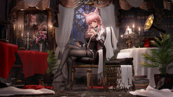  absurdres alcohol animal_ears arknights black_pantyhose book breasts candle candlestand chair cleavage crossed_legs cup drinking_glass feet female flower hairband highres holding holding_notebook lamp legs ling_dianxia long_hair looking_at_viewer no_shoes notebook open_book pantyhose parted_lips phonograph pink_eyes pink_hair plant portrait_(object) potted_plant pozyomka_(arknights) pozyomka_(snowy_plains_in_words)_(arknights) sitting table toes typewriter wine wine_glass 