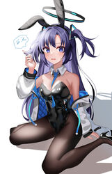  animal_ears between_breasts black_footwear black_leotard black_pantyhose blue_archive blue_necktie breasts detached_collar female halo high_heels highres jacket leotard looking_at_viewer necktie necktie_between_breasts pantyhose parted_bangs playboy_bunny purple_eyes purple_hair rabbit_ears rabbit_tail sidelocks simple_background sitting solo strapless strapless_leotard syuma tail two_side_up wariza white_background white_jacket yuuka_(blue_archive) 