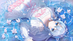  absurdres afloat ahoge bad_id bad_pixiv_id bare_shoulders blue_eyes blue_hair collarbone commission dot_nose dress expressionless female flower flower_on_liquid frilled_dress frills from_above highres jewelry layered_dress long_hair long_sleeves looking_at_viewer necklace off-shoulder_dress off_shoulder original partially_submerged petals petals_on_liquid pink_ribbon reflection ribbon ripples sidelocks solo strapless strapless_dress yagen_(user_mxur3238) 