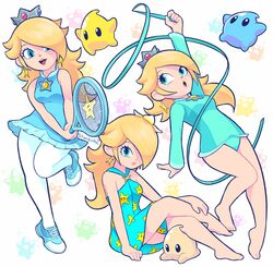  absurdres athletic_leotard bad_id bad_twitter_id barefoot blonde_hair blue_dress blue_eyes brooch crown dress earrings feet female gymnastics gymnastics_ribbon hair_over_one_eye highres jewelry leotard long_hair luma_(mario) mario_&amp;_sonic_at_the_olympic_games mario_&amp;_sonic_at_the_rio_2016_olympic_games mario_(series) mario_kart mario_kart_tour mario_tennis official_alternate_costume pantyhose racket rosalina rosalina_(swimwear) shoes sneakers star_bit starbirbz sundress tennis_racket tennis_rosalina thighs white_pantyhose 