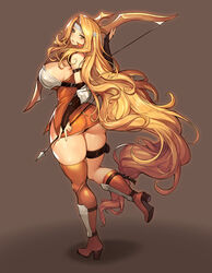  absurdly_long_hair arrow_(projectile) ass blonde_hair boots bow_(weapon) breasts bridal_gauntlets brigid_(fire_emblem) commission curvy dress female fingerless_gloves fire_emblem fire_emblem:_genealogy_of_the_holy_war from_behind full_body gloves gurimjang headband high_heel_boots high_heels highres holding holding_weapon huge_breasts long_hair long_legs looking_back low-tied_long_hair miniskirt orange_eyes panties pantyshot pixiv_commission shadow short_dress sideboob simple_background skirt solo standing standing_on_one_leg taut_clothes taut_dress thick_thighs thigh_strap thighs underbutt underwear very_long_hair weapon white_headband yewfelle_(fire_emblem) 