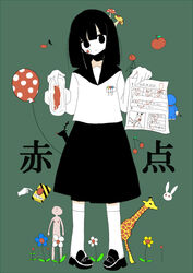  apple cherry closed_mouth commentary_request female flower food fruit giraffe greyscale head_tilt holding looking_at_viewer manmi medium_hair menstrual_pad menstruation monochrome mushroom original reindeer sailor_collar school_uniform serafuku shirt socks solo spot_color standing sunflower translated 