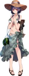  bikini black_hair female food fruit full_body green_sarong hat highres kantai_collection kujou_ichiso long_hair official_art red_eyes ryuuhou_(kancolle) ryuuhou_kai_ni_(kancolle) sandals sarong solo source_request sun_hat swimsuit taigei_(kancolle) transparent_background watermelon 