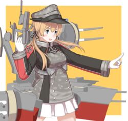  adapted_turret aji_(ajinohirakisan) anchor_hair_ornament anchor_ornament aqua_eyes armor blonde_hair breastplate camouflage cannon cowboy_shot cross female gloves hair_ornament hat iron_cross kantai_collection long_hair low_twintails machinery microskirt military military_hat military_uniform peaked_cap pleated_skirt pointing prinz_eugen_(kancolle) prinz_eugen_kai_(kancolle) skirt solo standing turret twintails uniform white_gloves white_skirt 