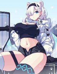  :o animal_ears arknights asymmetrical_legwear aurora_(arknights) aurora_(elite_ii)_(arknights) bear_ears black_gloves black_hairband black_shirt black_shorts black_thighhighs blue_eyes blush breasts cleavage coat commentary cowboy_shot crop_top curvy eyes_visible_through_hair female gloves hair_over_one_eye hairband highres hood hood_down hooded_coat ice large_breasts long_hair looking_at_viewer mismatched_legwear navel open_fly open_mouth panties panty_peek piao_mao pixel_art shield shirt short_shorts shorts sitting snowing solo stomach thick_thighs thighhighs thighs underwear white_coat white_hair white_panties white_thighhighs 