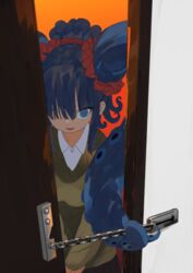  :d blue_eyes blue_hair brown_cardigan cardigan door_chain doorway female gradient_background hair_over_one_eye long_hair looking_at_viewer megame_(okbnkn) mizudako-chan_(okbnkn) open_door open_mouth original own_hands_together pleated_skirt pov_doorway prehensile_hair red_background ringed_eyes school_uniform skirt sleeves_past_wrists smile solo standing suction_cups tentacle_hair twintails upper_body very_long_hair yellow_background 