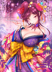  bare_shoulders breasts brown_hair choker dango_hair_ornament female flower food-themed_hair_ornament frilled_choker frills hair_flower hair_ornament heart heart_hair highres holding holding_smoking_pipe japanese_clothes kimono kiseru large_breasts long_hair off_shoulder red_eyes smoking_pipe studiozombie yuugiri_(zombie_land_saga) zombie_land_saga 