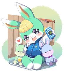  2021 animal_crossing anthro blonde_hair blush cellphone clothing electronics hair heart_reaction heart_symbol hi_res holding_cellphone holding_object holding_phone jacket lagomorph leporid letterman_jacket male mammal nintendo phone pictographics plushie rabbit sasha_(animal_crossing) selfie short_snout snout solo speech_bubble text topwear toruu url 