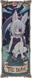  animal_ears bandages black_dress death_(tarot) dress eyepatch female full_body grey_eyes highres looking_at_viewer moon night night_sky no1shyv off_shoulder original pointy_ears scythe sitting sky solo tarot tarot_(medium) 