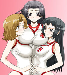  3girls alternate_breast_size asymmetrical_docking awatsuki_maaya bare_arms bare_shoulders black_eyes black_hair breast_press breasts brown_eyes brown_hair closed_mouth commentary_request crossed_fingers emblem gorigori222 gradient_background gym_shirt holding_hands huge_breasts interlocked_fingers kongou_mitsuko large_breasts light_blush long_hair looking_at_another medium_hair multiple_girls open_mouth pink_background school_emblem shirt sleeveless sleeveless_shirt smile toaru_kagaku_no_railgun toaru_kagaku_no_railgun_t toaru_majutsu_no_index tokiwadai_school_gym_uniform upper_body wannai_kinuho white_shirt yuri 