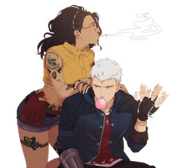  1boy afterimage arm_tattoo belt black_hair black_nails blowing_bubbles blue_eyes blue_jacket blue_shorts brown_belt cigarette commentary crop_top cropped_vest dark-skinned_female dark_skin devil_may_cry_(series) devil_may_cry_5 english_commentary female finger_tattoo fingerless_gloves gloves hand_tattoo hanpetos hip_tattoo jacket leaning_on_person leg_tattoo long_hair midriff motion_lines multicolored_nails nero_(devil_may_cry) nico_(devil_may_cry) pubic_tattoo short_shorts shorts shoulder_tattoo smoke smoking tattoo vest white_hair white_nails 