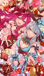  2girls baobhan_sith_(fate) baobhan_sith_(valentine_witches)_(fate) bare_shoulders black_bow blue_eyes blush bow braid breasts cernunnos_(fate) cleavage dress earrings fate/grand_order fate_(series) grey_eyes grey_hair hairbow half_up_braid hanagata hat jewelry large_breasts long_hair looking_at_viewer morgan_le_fay_(fate) morgan_le_fay_(valentine_witches)_(fate) multiple_girls official_art open_mouth pink_hair pointy_ears ponytail sidelocks smile textless_version tiara very_long_hair witch_hat 