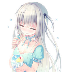  blue_bow blue_dress blush bow closed_eyes closed_mouth collarbone commentary_request cup disposable_cup dress drinking_straw facing_viewer female flower food hair_between_eyes hair_ornament highres holding holding_cup holding_drinking_straw holding_spoon humuyun long_hair nose_blush original puffy_short_sleeves puffy_sleeves rabbit_hair_ornament shaved_ice short_sleeves simple_background solo spoon spoon_straw sweat two_side_up very_long_hair wavy_mouth white_background white_flower white_hair 