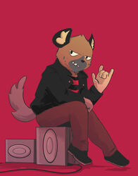  2019 aggretsuko anthro black_nose bottomwear clothing haida_(aggretsuko) hi_res hyena ink_pocket jacket looking_at_viewer male mammal netflix pants red_background sanrio simple_background solo spotted_hyena stereo teeth topwear 