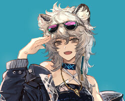  :d animal_ears arknights bare_shoulders blue_background blue_jacket breasts cat_ears cliffheart_(arknights) cliffheart_(lone_climber)_(arknights) close-up commentary_request eyewear_on_head fangs female grey_eyes hair_ornament head_tilt jacket jewelry long_hair necklace off_shoulder official_alternate_costume open_mouth ryuuzaki_ichi salute simple_background smile sunglasses teeth white_hair 